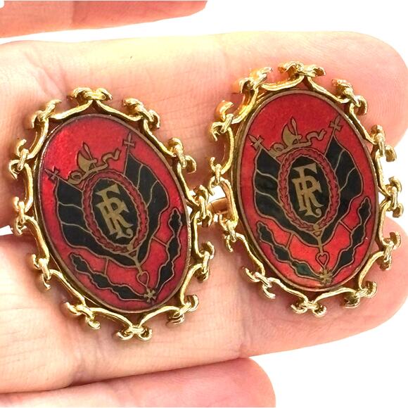 Vintage Swank Cufflinks Statement Ovals gold red & black 3rd French Coat of Arms - Picture 7 of 7